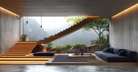 Modern mountain home interior with wooden staircase and sofa