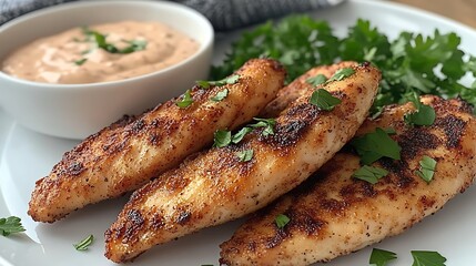 Grilled Chicken Tenders with Creamy Dipping Sauce Garnished with Fresh Parsley