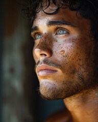 Obraz premium Close-up portrait of a man, outdoors, with sweat and dirt