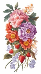 Retro flower and strawberry plant illustration poster background