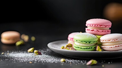 Fototapeta premium Colorful macarons stacked on plate, dark background