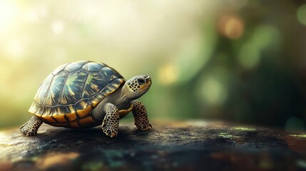 Turtle Walking on Rock in Nature with Soft Sunny Background
