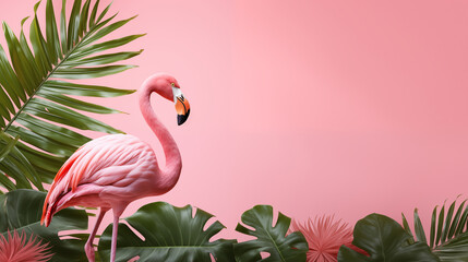 Palm leaf, monstera leaf, pink hibiscus and cute flamingo, In the pink background, minimalism, summer poster.