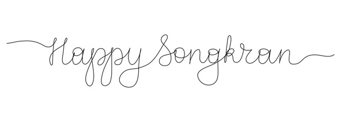 Happy Songkran outline handwritten script. Words in continuous one line art style. Hand drawn calligraphy quote with editable stroke. Minimalist black drawing of phrase on white background