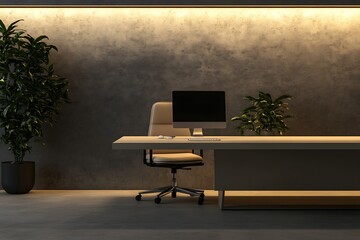 Modern office desk, plants, dim lighting, work area