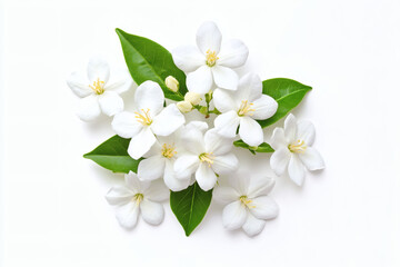 Obraz premium Delicate White Flowers with Green Leaves in Flat Lay Arrangement on White Background for Fresh Floral Botanical Spring Theme