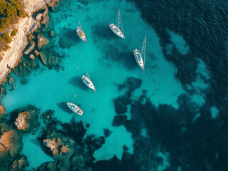 Fototapeta premium Cinematic Aerial View of Sailboats on Turquoise Ocean – Stunning ARRI Alexa Mini Footage with Zeiss Ultra Prime & Anamorphic Lens Flare