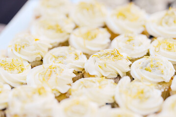 Close up of a platter of lemon zest cupcakes