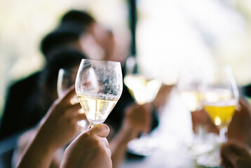 A group of people raising glasses of white wine in celebration