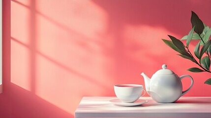 Fototapeta premium Tea Time Still Life with White Teapot Cup and Pink Background