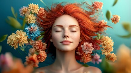 Serene Woman with Red Hair in Vibrant Flower Bloom  AI Art
