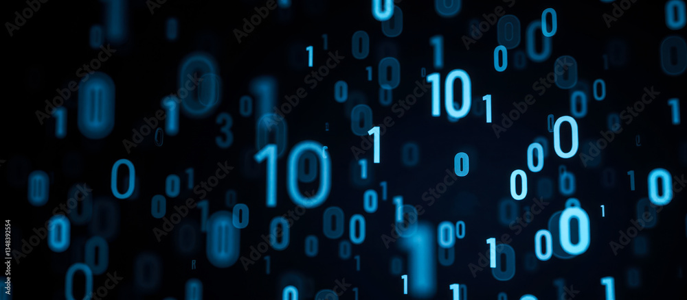 Poster binary code background with blue ones and zeros floating in dark space, perfect for technology, data