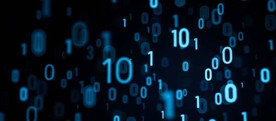 Binary code background with blue ones and zeros floating in dark space, perfect for technology, data, and digital themed projects and overlays