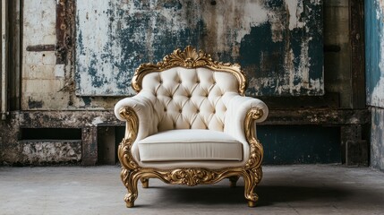 Elegant Gold and Cream Rococo Style Armchair in a Rustic Setting