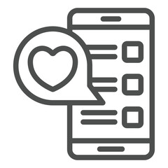 Smartphone with romantic message line icon, mother day concept. Vector graphics. Phone with heart bubble sign on white background, outline style icon for mobile or web design.