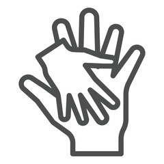 Adult parent hand with child palm line icon, mother day concept. Vector graphics. Hand in hand together sign on white background, outline style icon for mobile or web design.