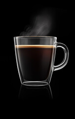 Fototapeta premium Elegant Black Coffee Photo – Glass Cup with Rising Steam, Left-Aligned on Dark Background, Eye-Level Shot, Minimalist Composition, Perfect for Branding & Advertising