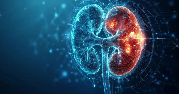 Human body with kidneys. Human kidneys anatomy structure. Kidney anatomy cross section. Kidney disease. Medical science. Human organ. Human kidney. Futuristic Medical Hologram. Medical anatomy      