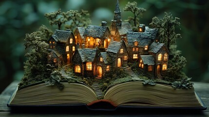 Fototapeta premium Miniature village inside a hollowed-out book, enchanting and detailed world 