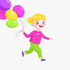 Happy girl with balloons. Cute little kid happily runs with a balloons. Flat vector in cartoon style isolated on white background