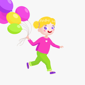 Happy girl with balloons. Cute little kid happily runs with a balloons. Flat vector in cartoon style isolated on white background