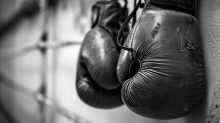 A pair of boxing gloves is hanging in a gym with bright lights and a focused atmosphere with copy space for text.