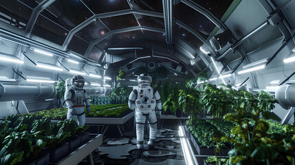 Advanced Space Agriculture: Astronauts Cultivating Sustainable Crops in a High-Tech Space Greenhouse generate by AI