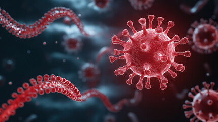 A digital illustration of a virus, with red and dark tones, depicting its structure and surrounding elements in a microscopic view.