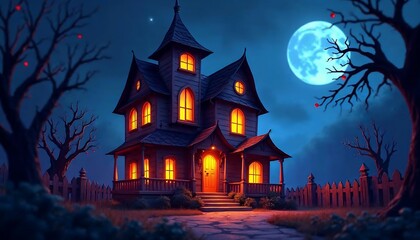 Haunted House Halloween Night Scene Illustration