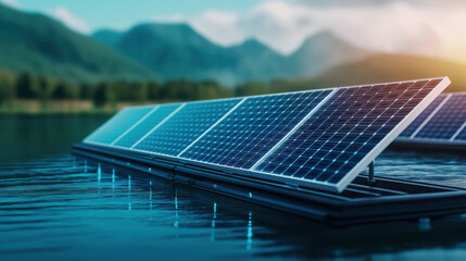 A serene image of solar panels floating on water, surrounded by mountains, showcasing renewable energy and environmental sustainability.