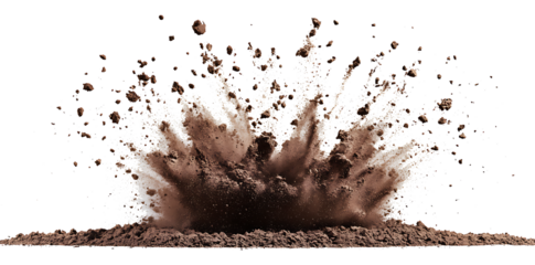 Pile of rich, organic soil earth with scattered dirt particles isolated on white or transparent background
