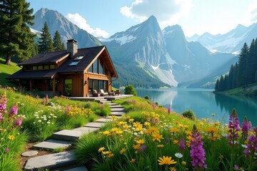 Serene Mountain Lakefront Cabin Retreat with Blooming Wildflowers and a Stone Pathway