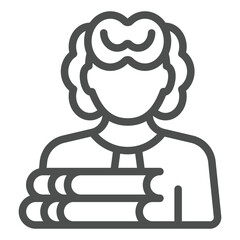 Lawyer woman with books line icon, family lawyer concept. Vector graphics. Woman and jurisprudence book stack sign on white background, outline style icon for mobile or web design.