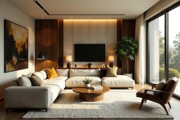 Fototapeta premium Modern Living Room Interior Design with Sectional Sofa and Large Windows