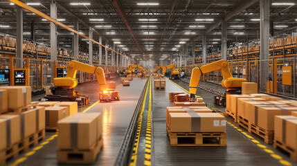 modern logistics hub with robotic arms loading packages onto conveyor belts, showcasing efficiency and automation