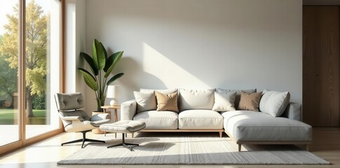 Serene Living Room with Modern Sectional Sofa and Accent Chair, bathed in Sunlight streaming through large windows