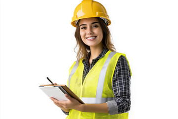 A woman with a safety vest and helmet smiles while holding a clipboard. This photo could be used for AI model training