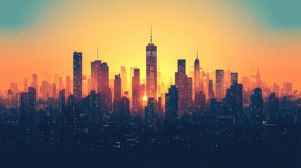 Fototapeta premium Golden Hour Metropolis: A breathtaking cityscape bathed in the warm glow of sunset, showcasing a vibrant skyline with towering skyscrapers and a serene atmosphere.