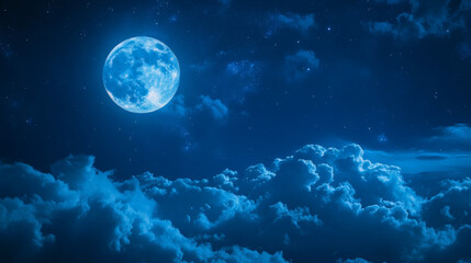 Dramatic Night Sky with Full Moon and Soft Clouds in Blue Hue Starry Scene Creates a Dreamlike Atmosphere with Deep Blues