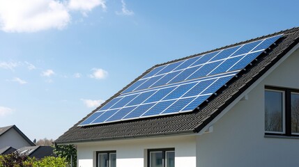 Fototapeta premium A modern house featuring solar panels on the roof, set against a clear blue sky, highlighting renewable energy solutions.