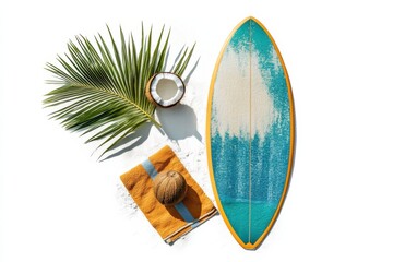A vibrant surfboard, tropical palm leaves, and coconut on sandy beach during sunny day