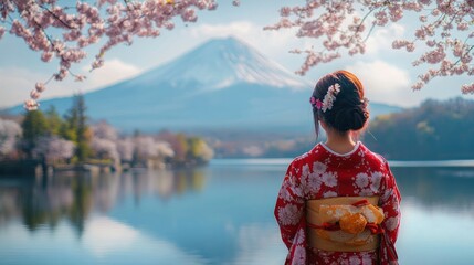 Serene View: Woman in Kimono Contemplating Mount Fuji's Beauty Amidst Cherry Blossoms