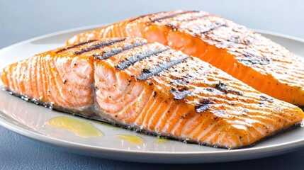 Grilled salmon fillets on a plate with lemon drizzle.