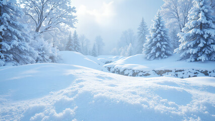 Fototapeta premium serene winter landscape featuring blanket of fresh snow covering rolling hills and evergreen trees. soft light creates peaceful atmosphere, inviting tranquility and reflection