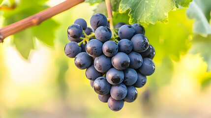 Naklejka premium Close Up Of Purple Grapes Cluster On Vine Branch With Green Leaves And Blurred Background