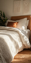 Sunlit Bedroom with Cozy Textures and Earthy Tones Featuring Woven Decor and Plants