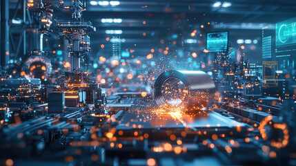 Obraz premium futuristic manufacturing process with glowing sparks, showcasing advanced machinery and steel coil production