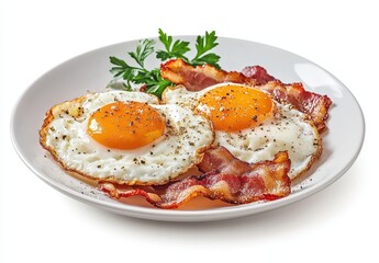 Breakfast Plate with Fried Eggs and Crispy Bacon Garnished with Fresh Parsley on a Simple White Plate