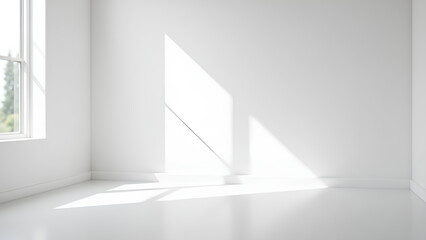 bright and minimalistic interior space featuring white walls and polished floor. Natural light streams in through window, casting soft shadows that enhance serene atmosphere