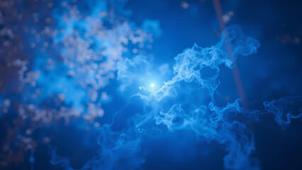 mesmerizing abstract representation of cosmic elements, featuring swirling blue smoke and luminous particles against deep blue background, evoking sense of mystery and wonder